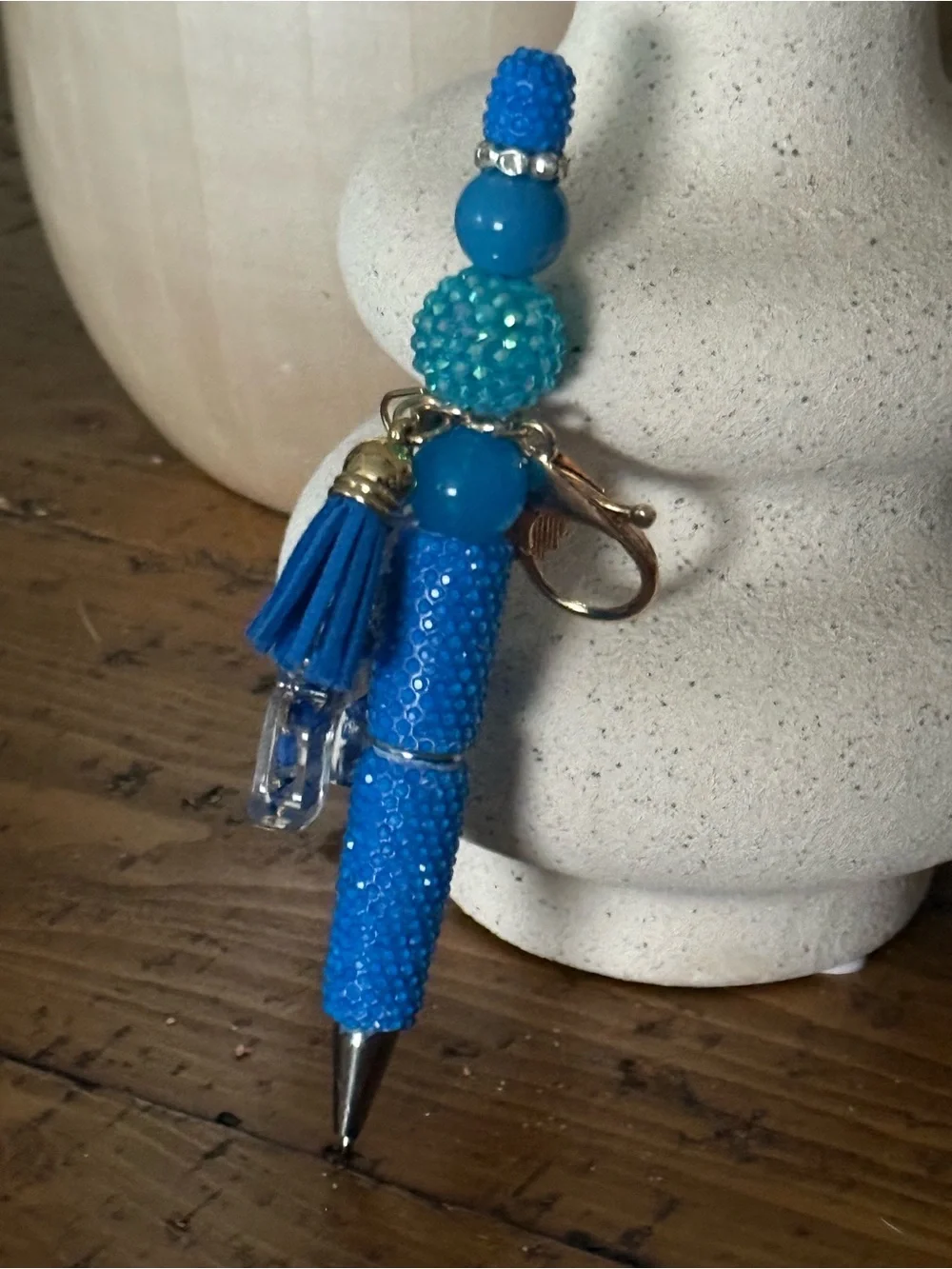 Blue Beaded Pen Key & Card Charm with Tassel